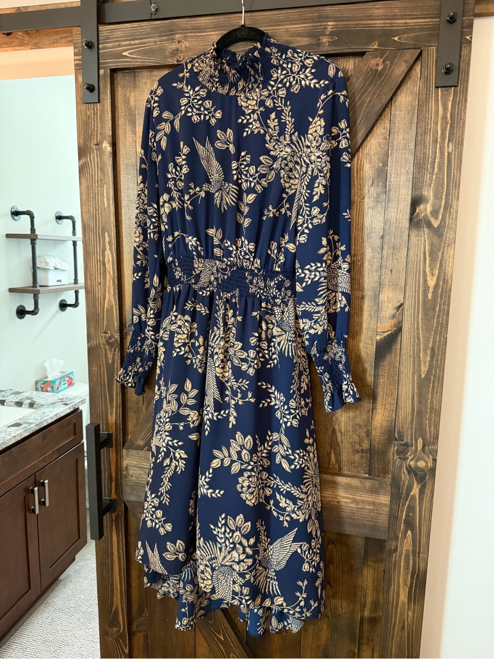 Nanette Lepore Navy and Gold Floral Long-Sleeve Midi Dress
